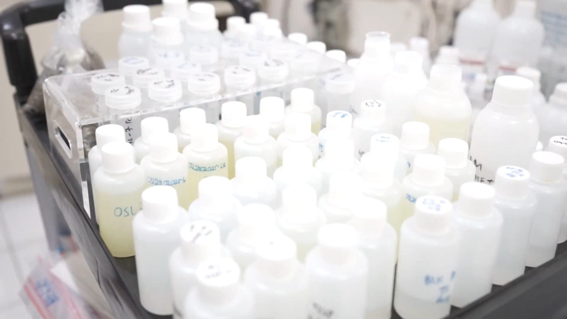 Deretan botol sampel plastik berlabel dalam rak di laboratorium.